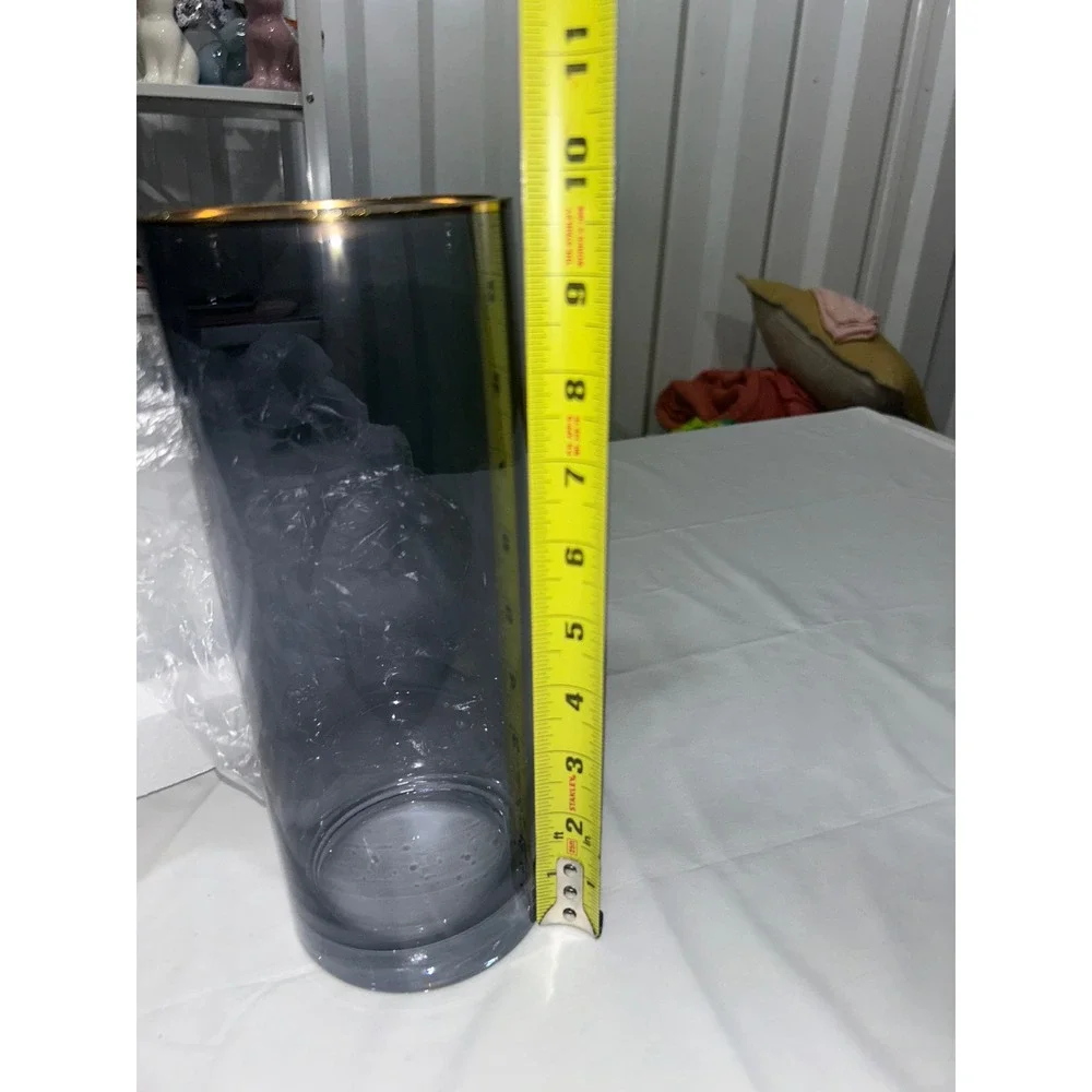 Modern Smoky Grey Glass Cylinder Vase with Gold Rim 10 Inch Tall Decorative Vase